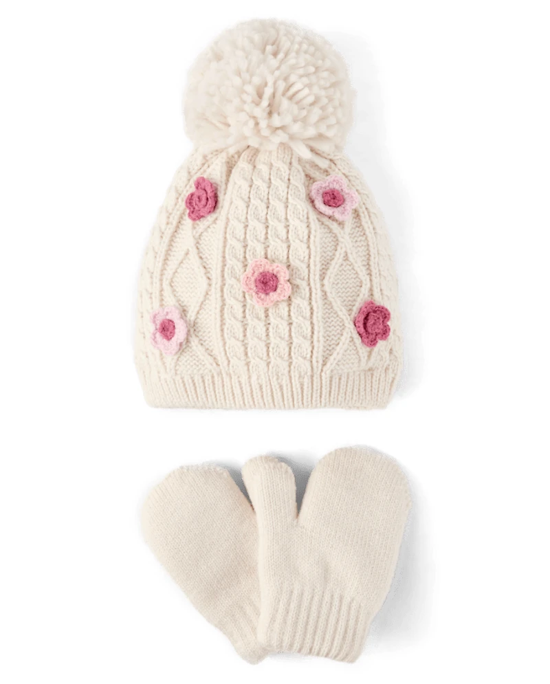 Toddler Girls Cable Knit Floral 2-Piece Cold Weather Set