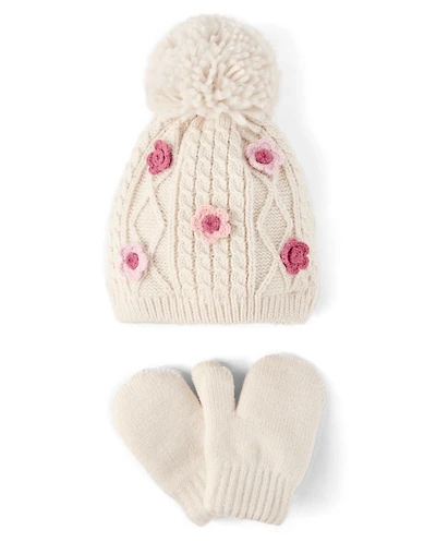 Ensemble 2 pièces en tricot torsadé à fleurs pour petite fille, idéal temps froid