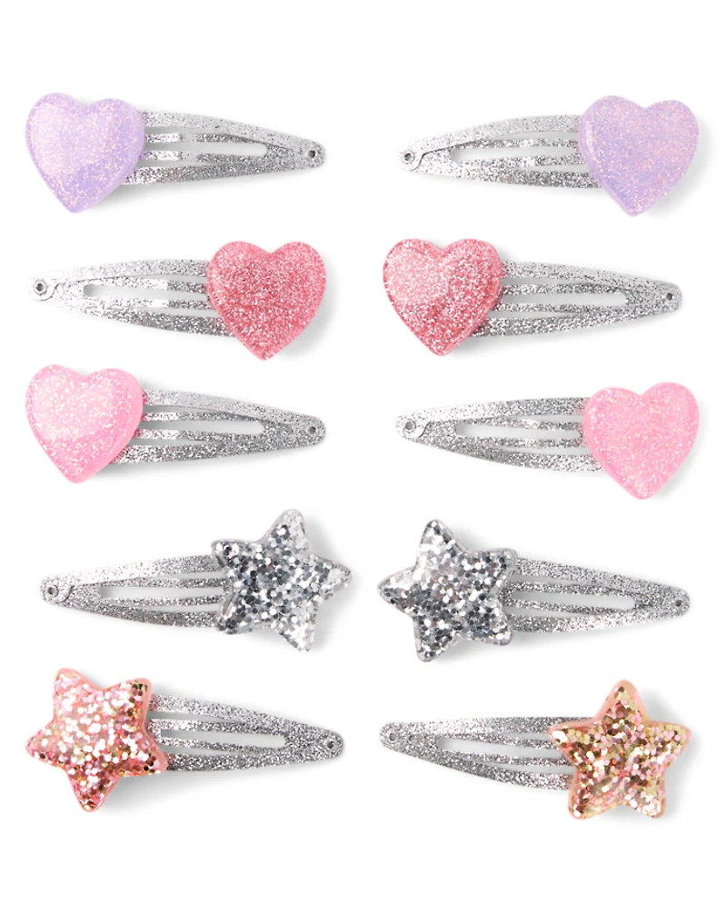 Girls Glitter Heart Hair Clip 10-Pack
