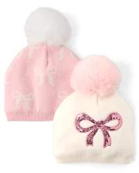 Toddler Girls Bow Pom Beanie 2-Pack