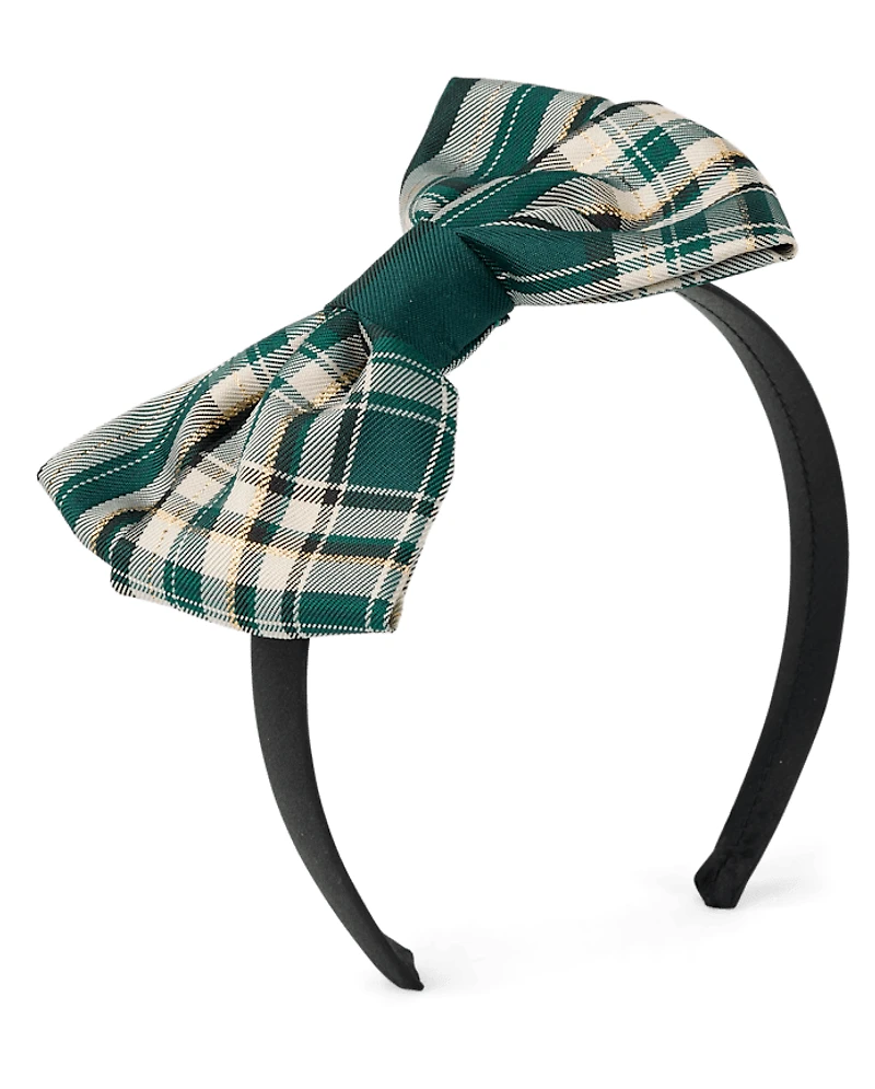 Girls Plaid Satin Bow Headband