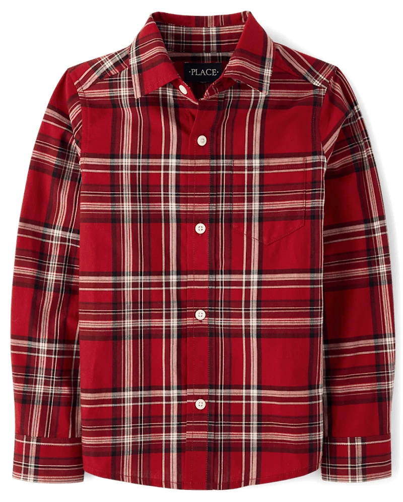 Boys Plaid Poplin Button Up Shirt