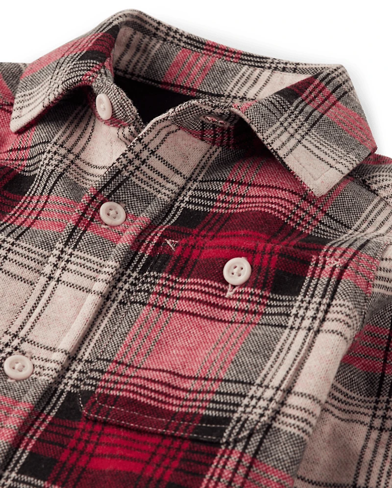 Boys Plaid Luxe Cozy Knit Button Up Shirt