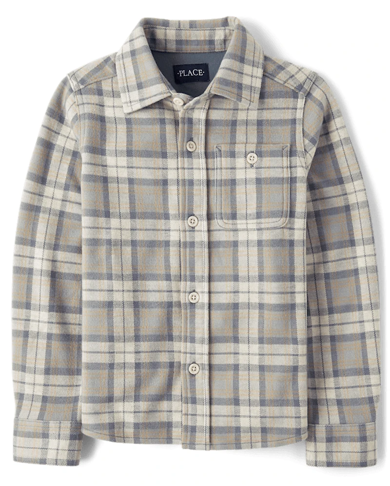 Boys Plaid Luxe Cozy Knit Button Up Shirt