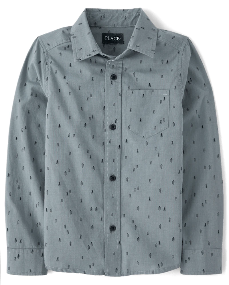 Boys Print Poplin Button Up Shirt