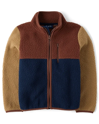 Boys Colorblock Sherpa Zip Up Jacket