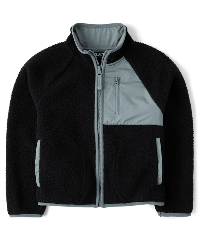 Kids Contrast Sherpa Utility Zip Up Jacket
