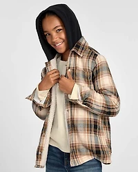 Big Boys Plaid Flannel Sherpa-Lined Hooded Jacket