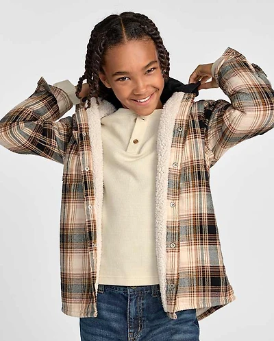 Big Boys Plaid Flannel Sherpa-Lined Hooded Jacket