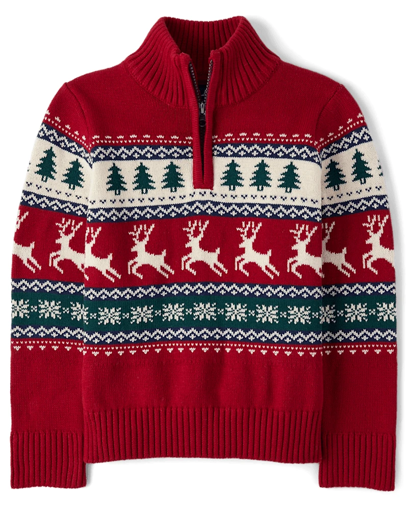 Boys Reindeer Fairisle Quarter Zip Sweater