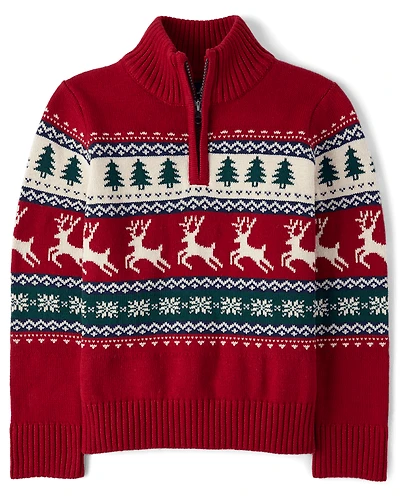Boys Reindeer Fairisle Quarter Zip Sweater