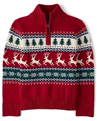 Boys Reindeer Fairisle Quarter Zip Sweater