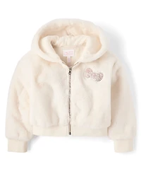 Girls Hello Kitty® Applique Faux Fur Zip Up Hoodie