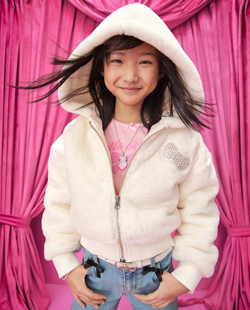 Girls Hello Kitty® Applique Faux Fur Zip Up Hoodie