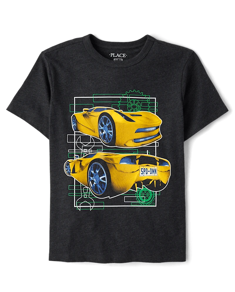 T-shirt graphique jaune pour garçon avec motif voiture de course