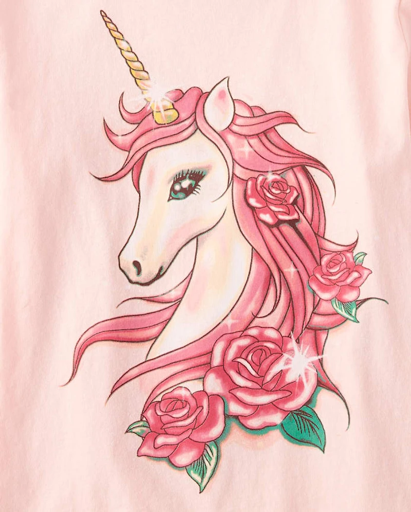 T-shirt graphique à fleurs de licorne pour filles