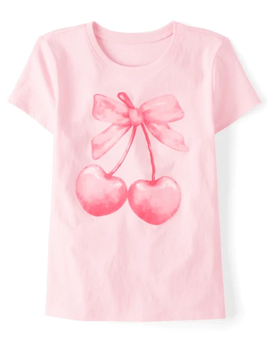 Girls Valentine's Day Bow Cherries Graphic Tee