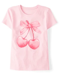 Girls Valentine's Day Bow Cherries Graphic Tee