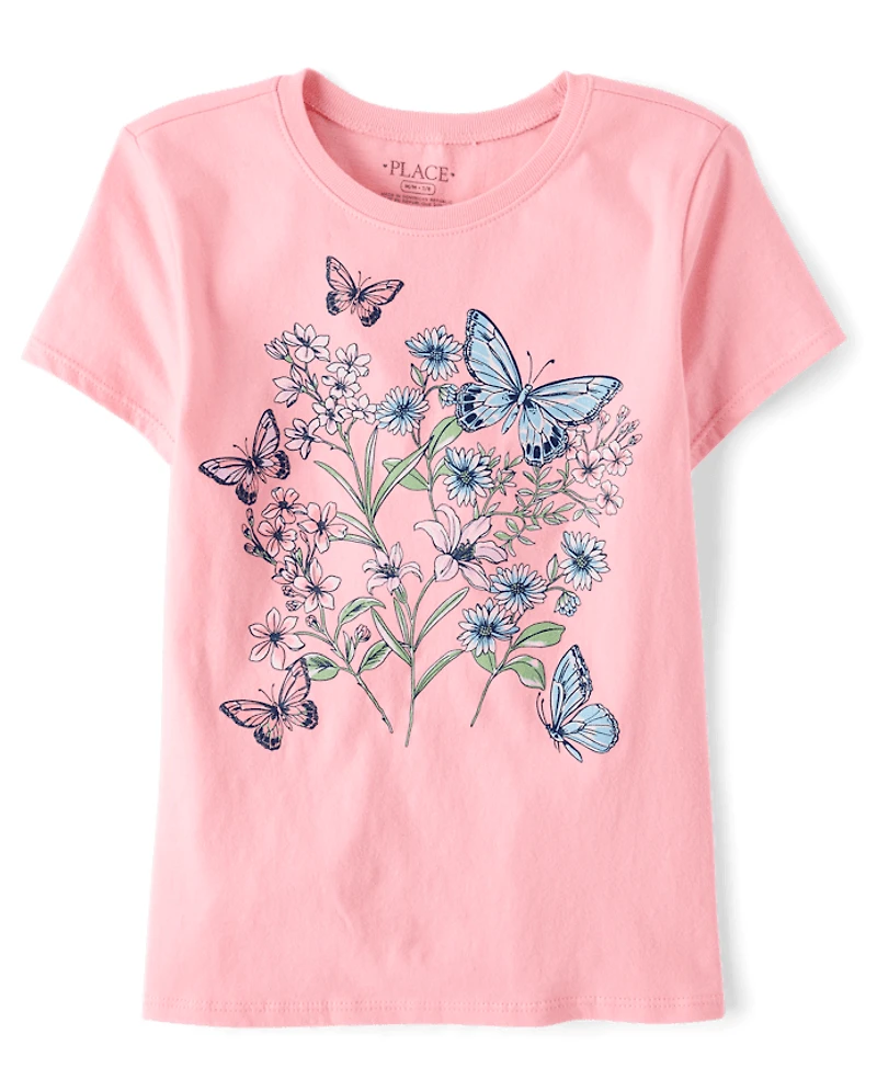 Girls Butterfly Flowers Graphic Tee