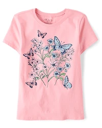 Girls Butterfly Flowers Graphic Tee