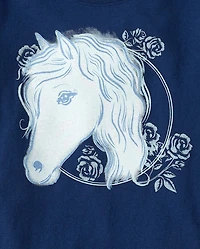 Girls Horse Flowers Graphic Tee