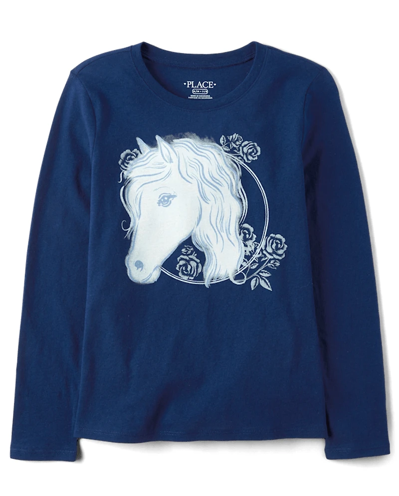 Girls Horse Flowers Graphic Tee
