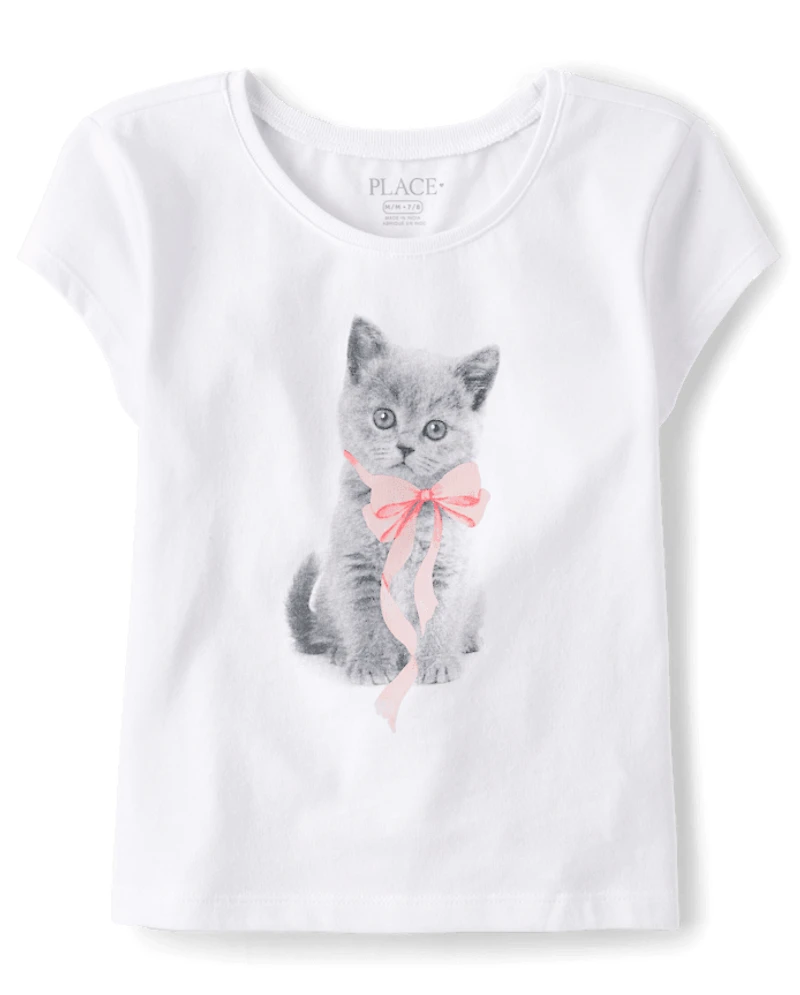 Girls Cat Bow Graphic Baby Tee