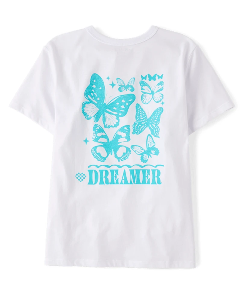 Girls Dreamer Butterfly Puff Print Front And Back Oversized Graphic Tee