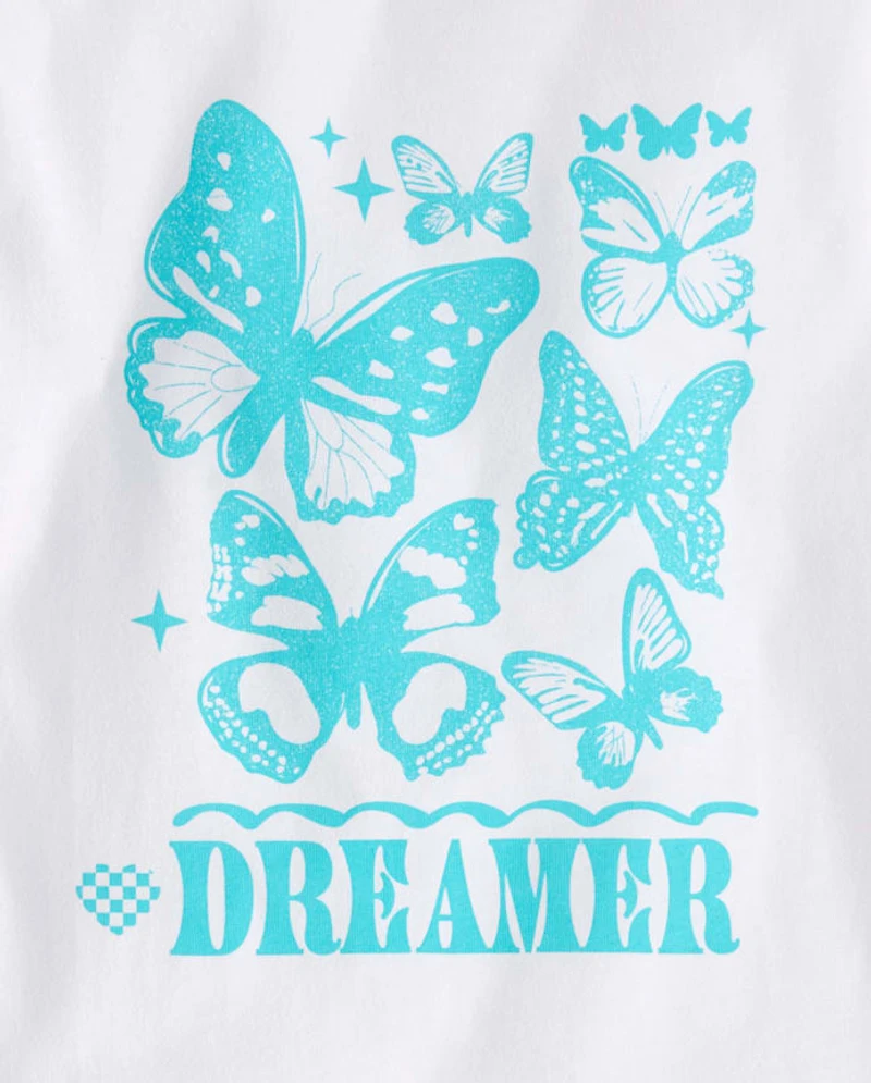 Girls Dreamer Butterfly Puff Print Front And Back Oversized Graphic Tee
