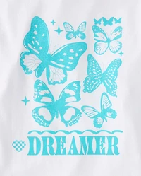 Girls Dreamer Butterfly Puff Print Front And Back Oversized Graphic Tee