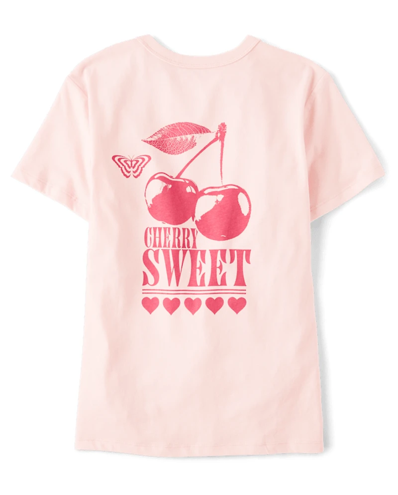 Girls Cherry Front And Back Oversized Graphic Tee