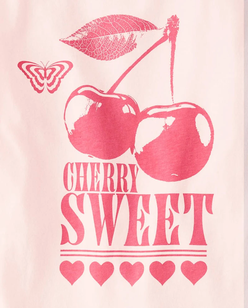 Girls Cherry Front And Back Oversized Graphic Tee