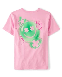 Girls St. Patrick's Day Happy Face Front And Back Oversized Graphic Tee
