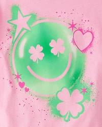 Girls St. Patrick's Day Happy Face Front And Back Oversized Graphic Tee