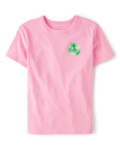 Girls St. Patrick's Day Happy Face Front And Back Oversized Graphic Tee
