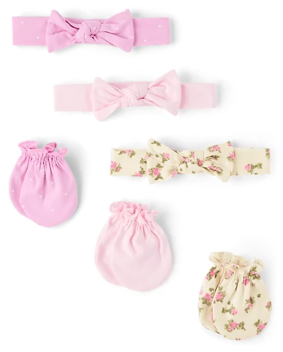 Baby Girls Floral Headwrap And Mittens 6-Pack