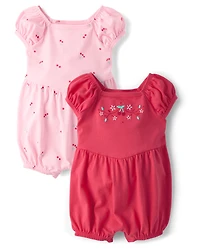 Baby Girls Embroidered Cherry Bubble Romper 2-Pack
