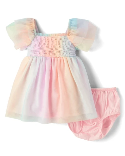 Baby Girls Rainbow Smocked Mesh Flutter Dress