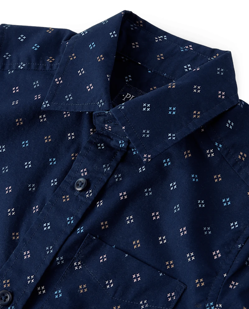 Boys Print Poplin Button Up Shirt