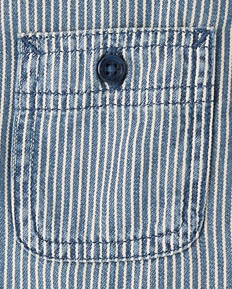 Boys Railroad Stripe Denim Button Up Shirt