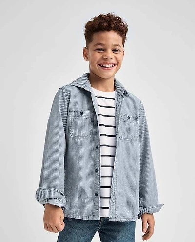 Boys Railroad Stripe Denim Button Up Shirt