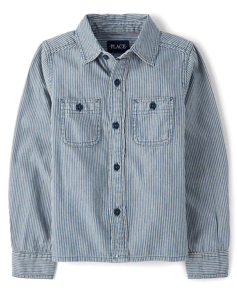Boys Railroad Stripe Denim Button Up Shirt