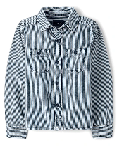 Boys Railroad Stripe Denim Button Up Shirt