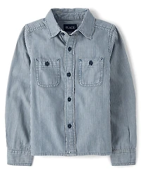 Boys Railroad Stripe Denim Button Up Shirt