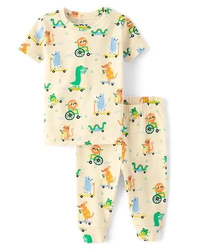 Pyjama en coton ajusté à motif de roues d'animaux pour bébés et petits garçons
