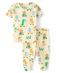 Pyjama en coton ajusté à motif de roues d'animaux pour bébés et petits garçons