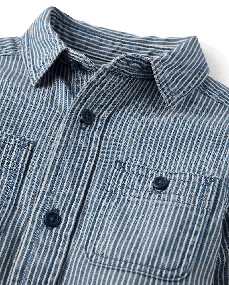 Baby And Toddler Boys Railroad Striped Denim Button Up Shirt