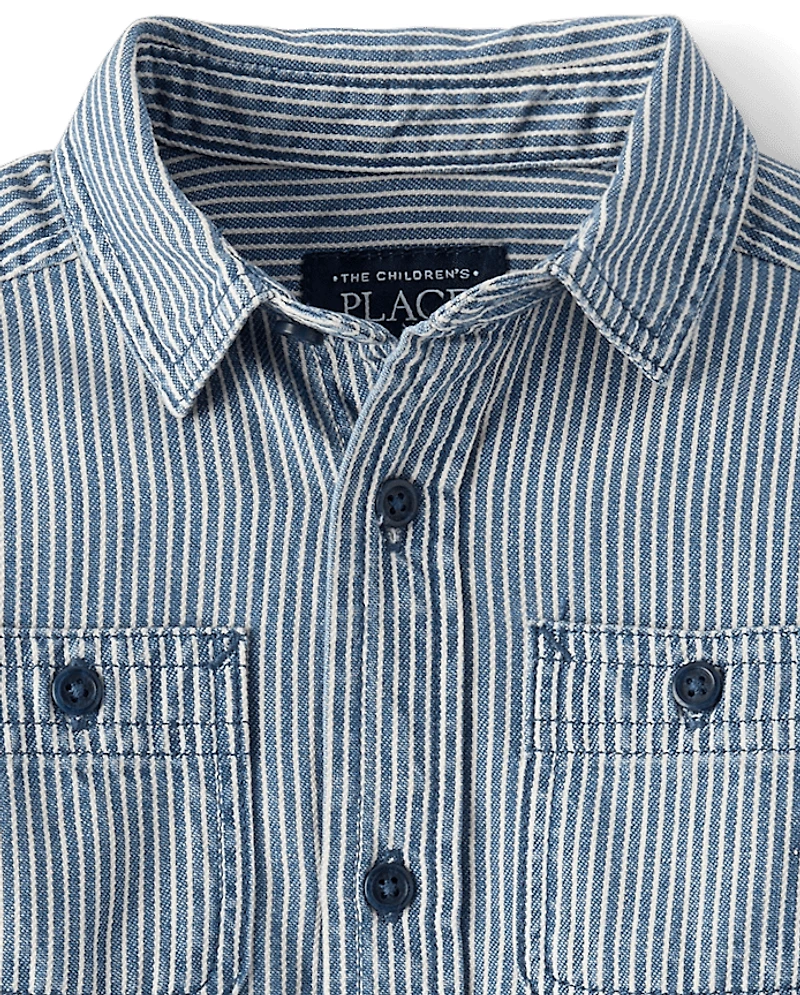 Baby And Toddler Boys Railroad Striped Denim Button Up Shirt