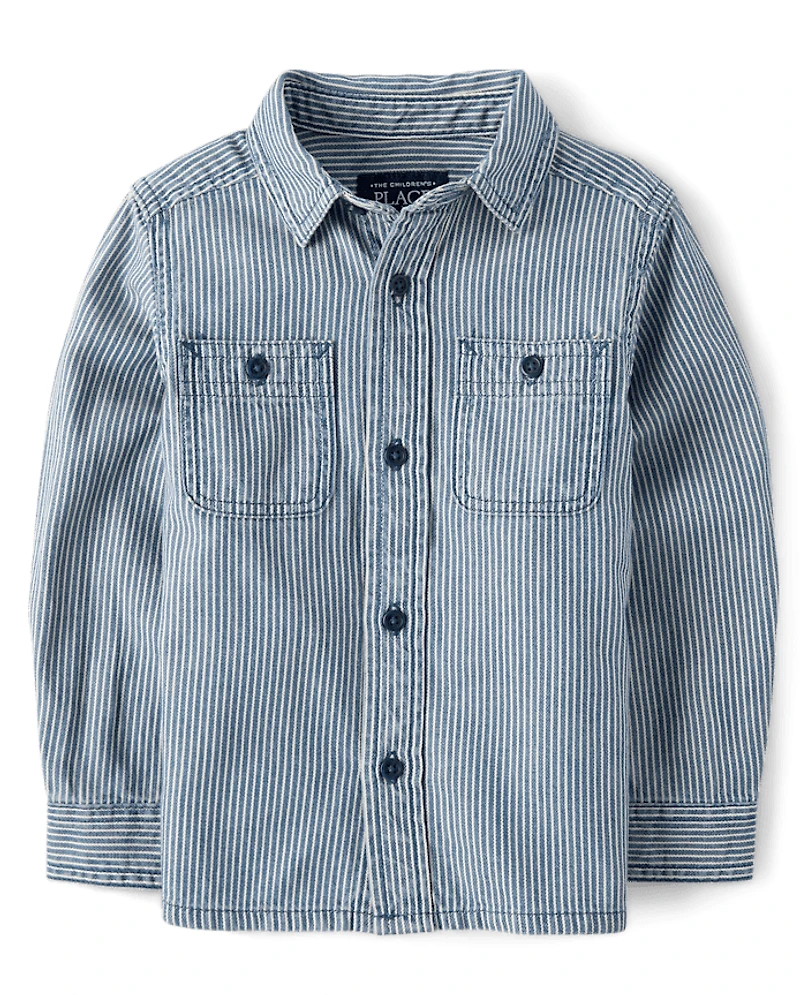 Baby And Toddler Boys Railroad Striped Denim Button Up Shirt