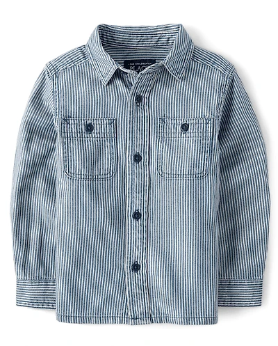 Baby And Toddler Boys Railroad Striped Denim Button Up Shirt